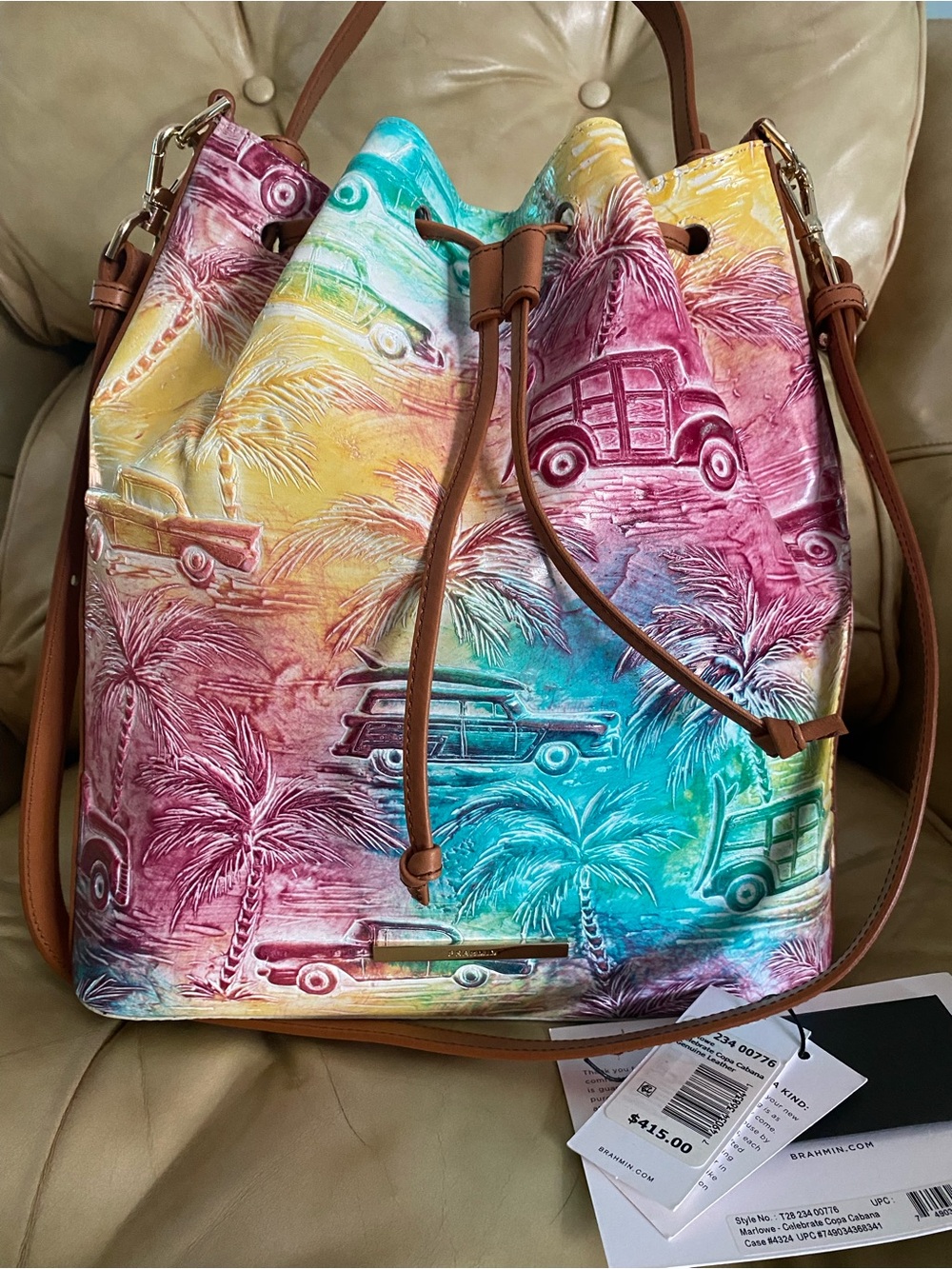 LKNW Brahmin Copa Cabana Drawstring Bucket Bag Leather Cars Palm Trees Marlowe - Picture 14 of 15